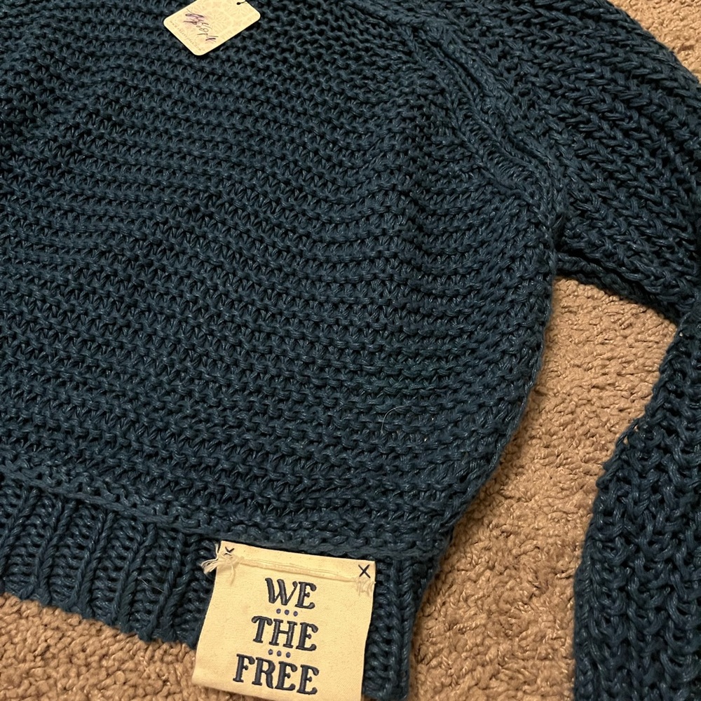 We The Free linen blend brand new with tags Blue Chunky Knit Crew Neck Sweater